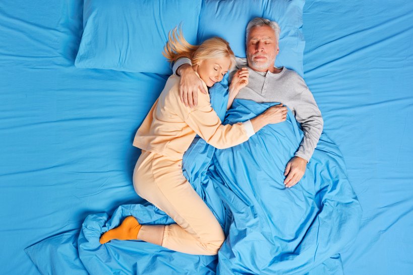 Power Of Sleep Senior Couple Sleeping in Blue Bed Man Woman