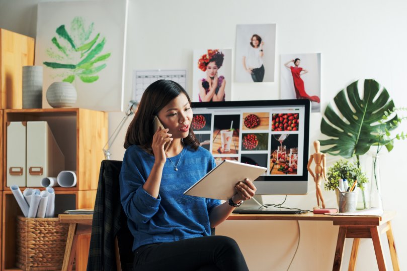 Designer Discussing Phone Woman Female Branding Graphic Web Computer