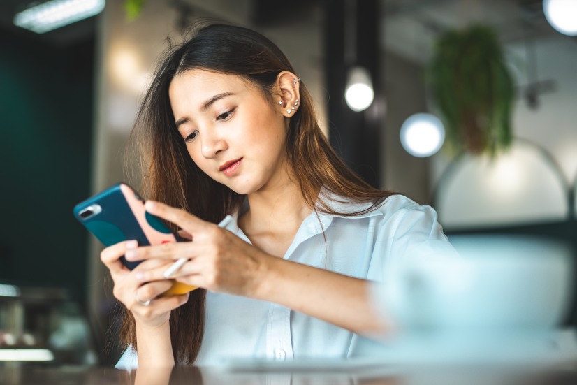 Woman Female Looking Mobile Phone Smartphone Coffee Shop Asia