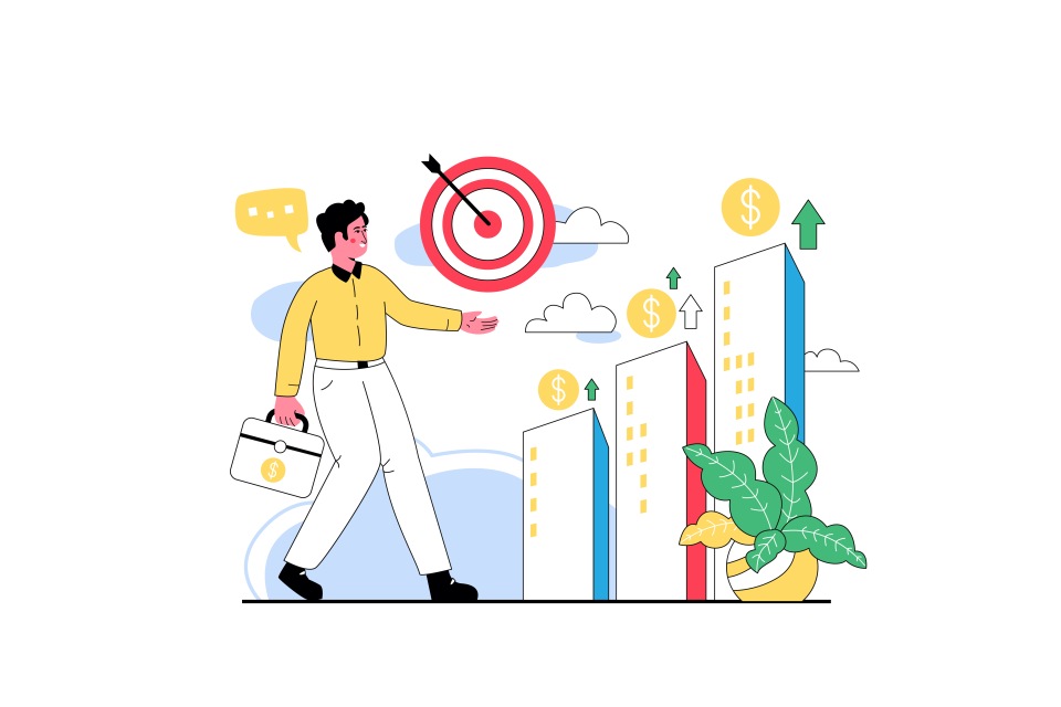 Set Business Goals Target Building Money Dollars Illustration