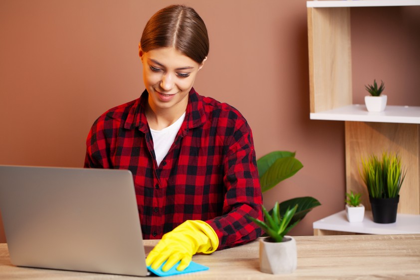 Cleaning Female Woman Employee Latop Digital Marketing Online Platforms