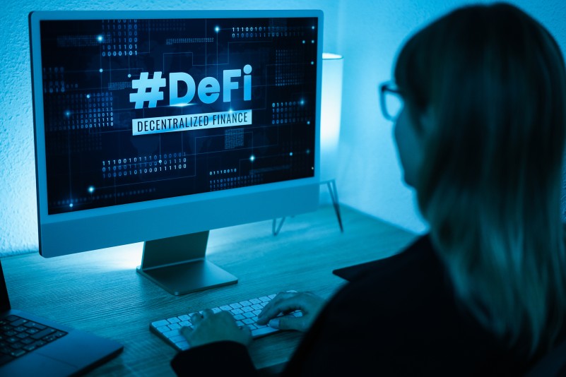 DeFi Decentralized Finance Woman Laptop Computer Technology