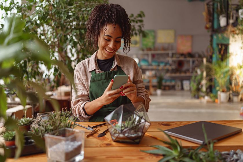 Happy Florist Woman Female Taking Picture Flowers Social Media Marketing Campaign