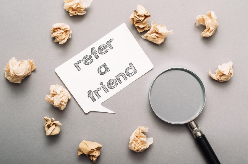 Refer a Friend Text Written Chatbox Glass Magnifyer Referral Marketing Program