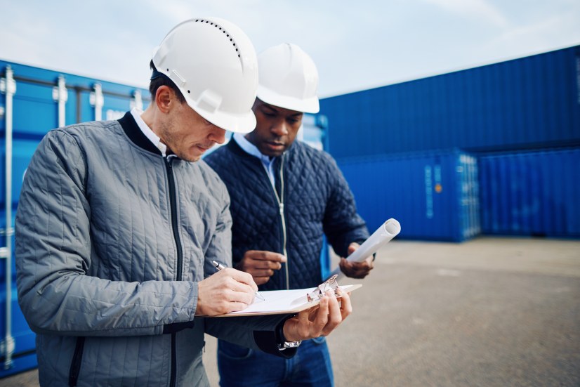 Two Men Males Engineers Shipping Business Company Containers Supply Chain