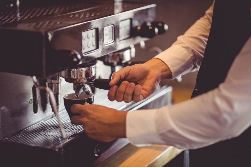 Waiter Barista Preparing Coffee Pouring Cup