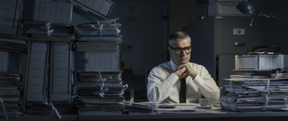 Businessman Pensive Floaded Surrounded by Paperwork Document Administrative Tasks Bureaucracy