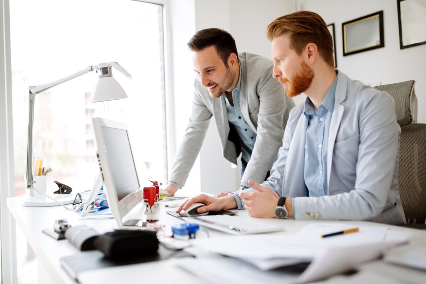 Businessmen Business Men Office Happy Smiling Laptop Desk Success