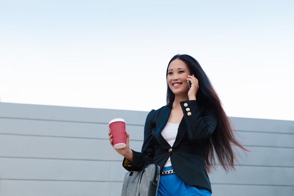 Delighted Female Entrepreneur Businesswoman Photo Coffee Outdoors