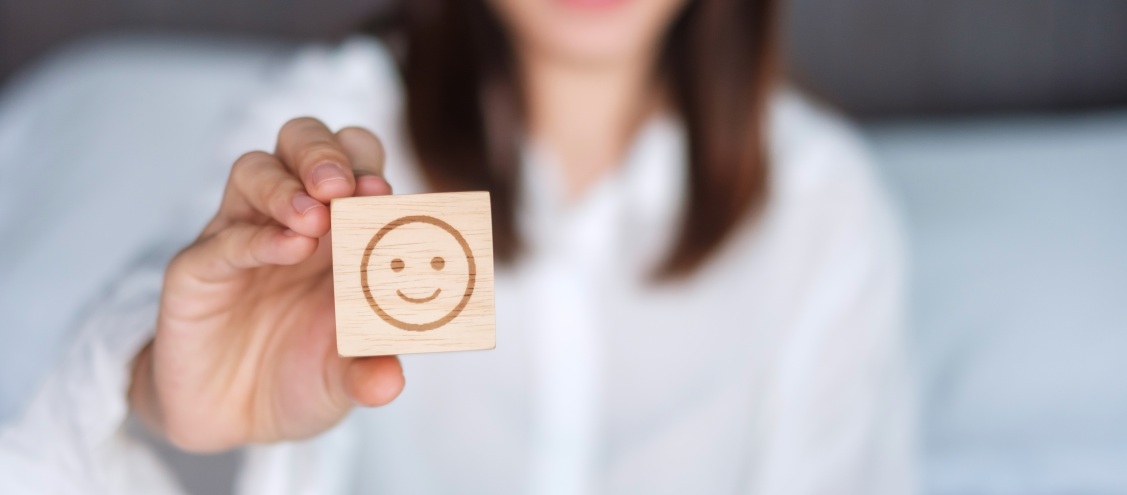 Positive Customer Reviews Happy Woman Smiley Wooden Block Testimonials