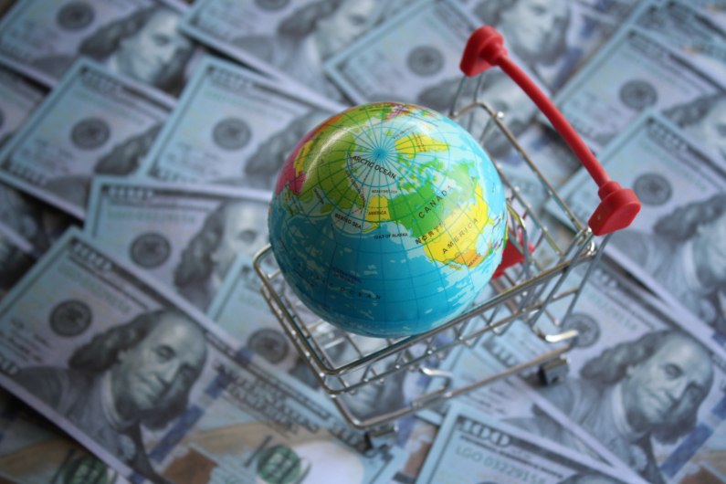 Earth Globe Shopping Cart Money Dollars Bills Network is Net Worth