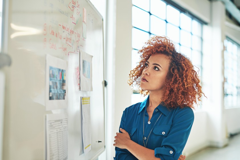 Woman Visualizing Problem Whiteboard Data Analysis Solving Business Problems