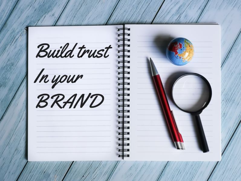 Build Trust in your Brand Idenity Marketing Notebook Pen Globe Glass Magnifyer