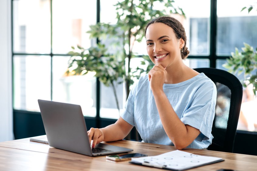 Confident Happy Smiling Successful Businesswoman Business Woman Female Desk Office