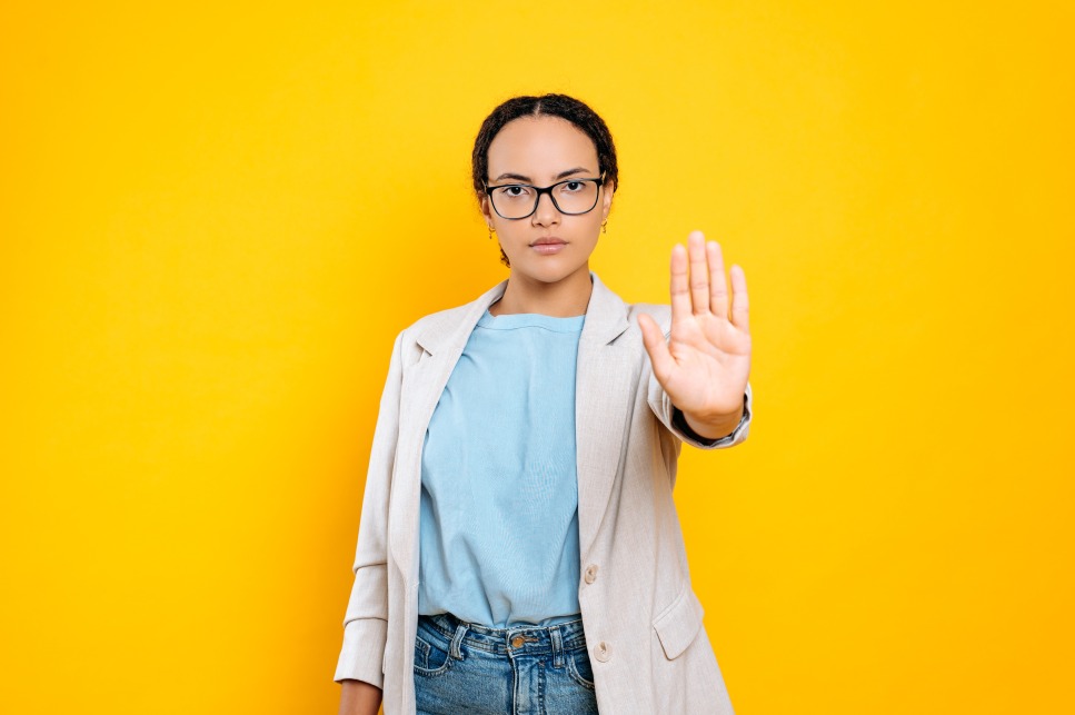 Serious Concerned Woman Say No Stop Sign Hand Female Conflict Resolution Problem Solving