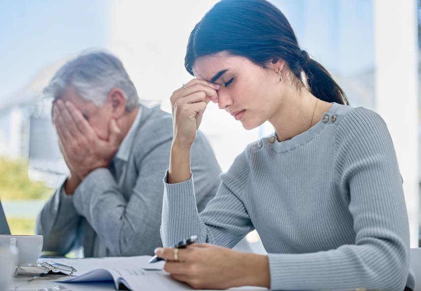 Stressed Anxious Woman Man Headache Financial Loss Risks