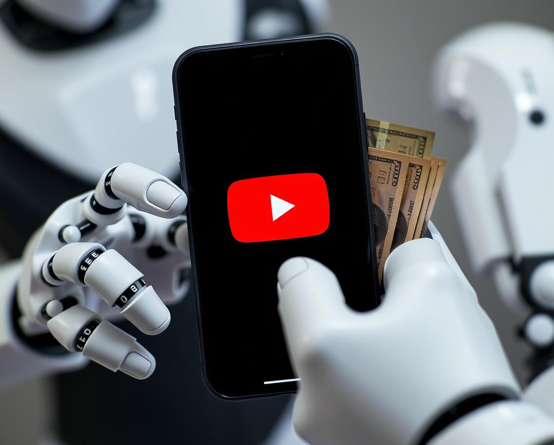 Robot holding a phone with a logo of youtube on display. Other hand is holding cash.