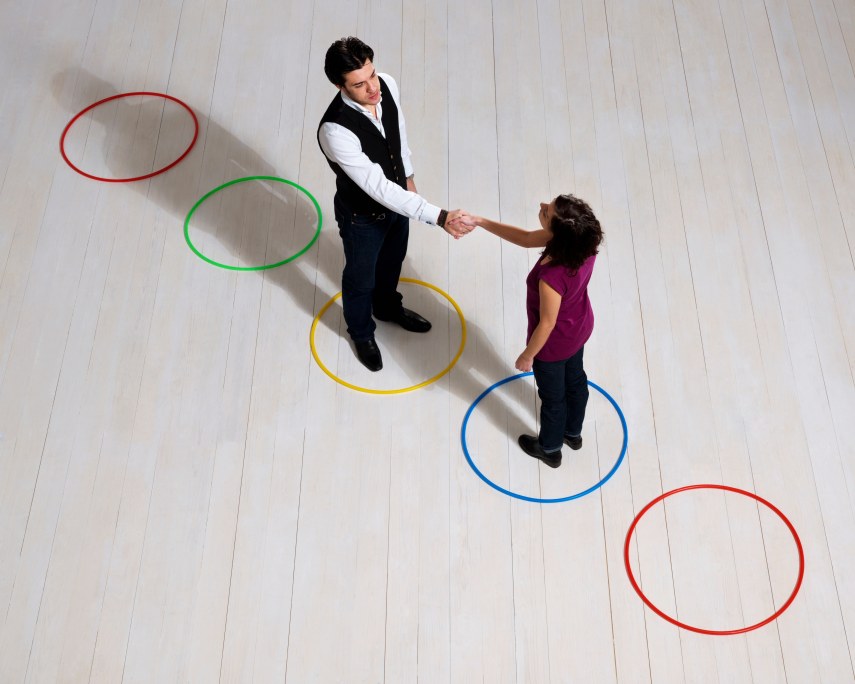 Behavioral Segmentation Concept Business Man Woman Circles Colors Shaking Hands