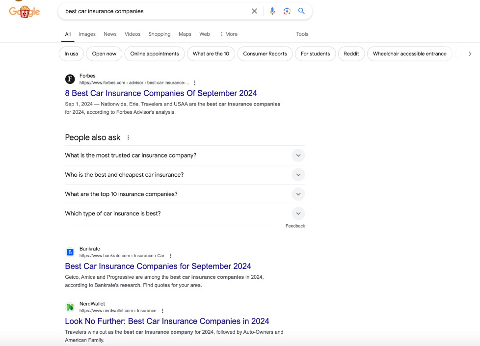 Best Car Insurance Companies Google Search Screenshot