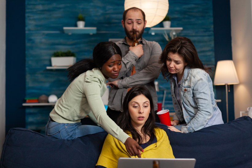 Diverse Multi Ethnic Group People Watching Laptop Screen Worrying