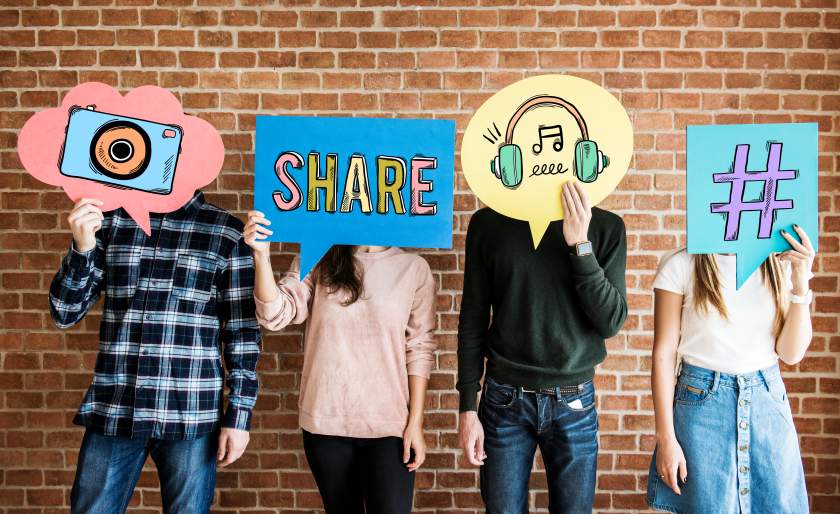 Social Media Data People Holding Speech Bubbles Marketing Share Hashtags