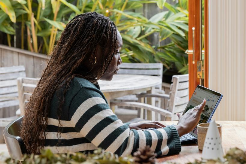 Woman Coffee Shop Remote Work Touchscreen