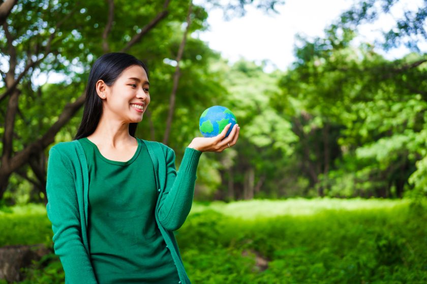 Green Future Woman Holding Earth Globe Forest Outside