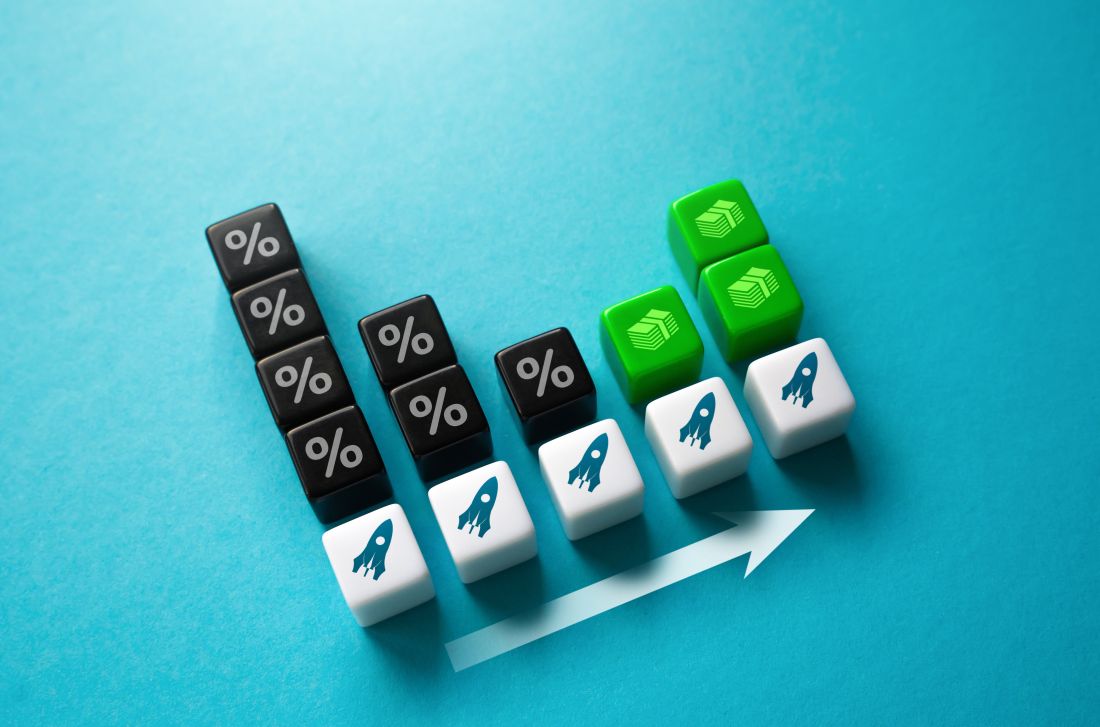 Dice with percent, rocket, and cash symbols. CRO marketing is all about increasing profitability.