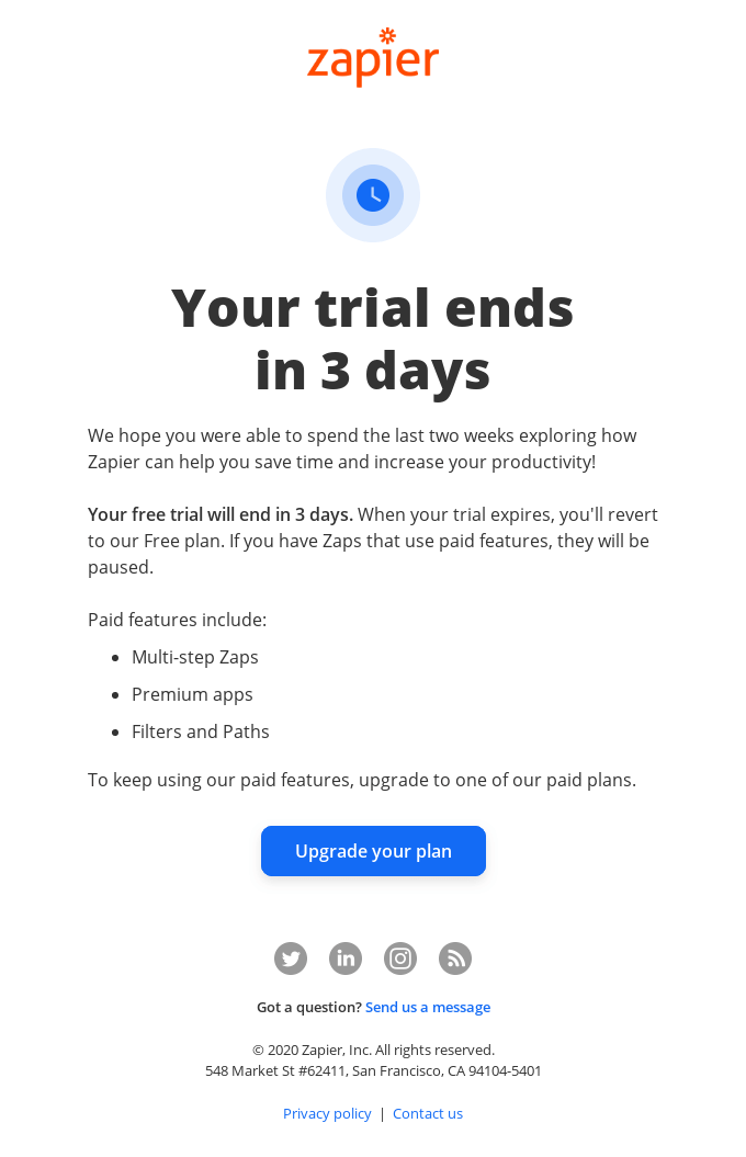 Zapier Free Trial Ends in 3 Days Email Campaign