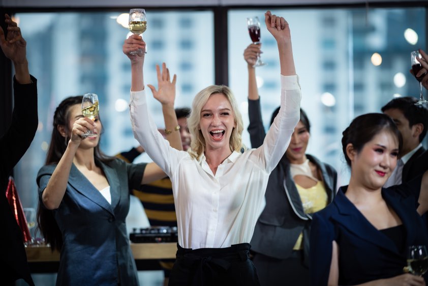 Celebrate Success At Work Business Women Drinking Wine Office