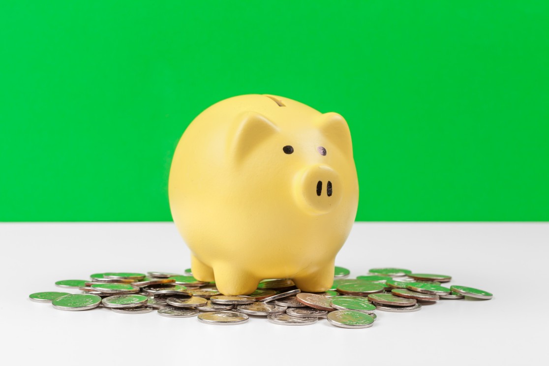 Piggy bank with coin on the table