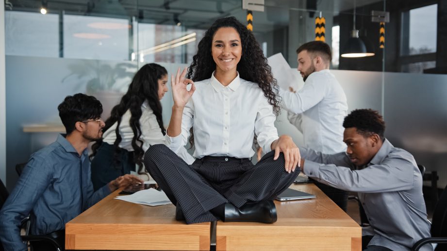 Positive Working Environment Woman Sitting Down Office Table Happy Team